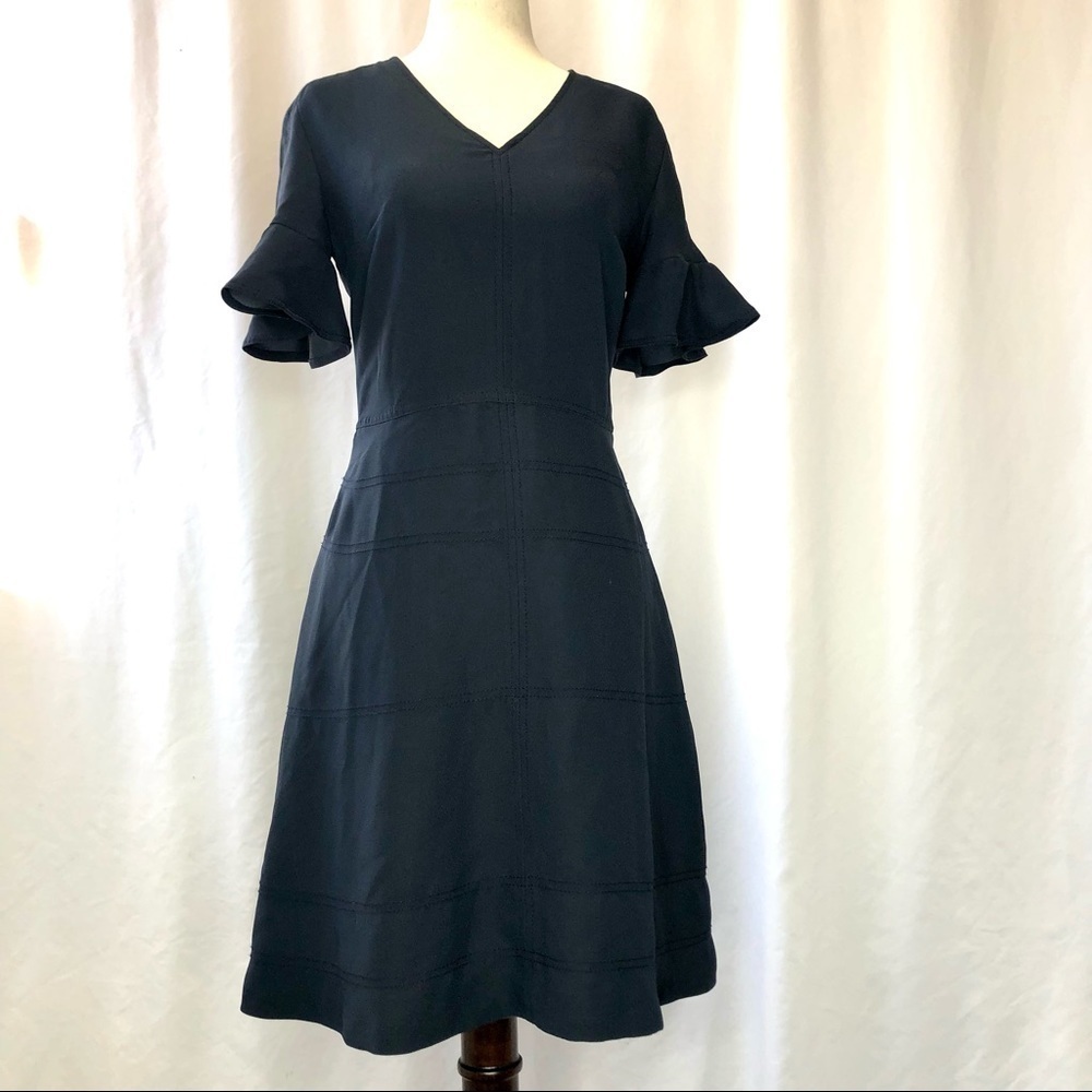 Banana Republic v neck navy dress flounce sleeve fit and flare pockets 2